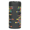 A drink bottle in black with a colourful polka dot design, featuring a lid, designed as a tumbler and can insulator.