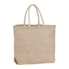 A herringbone-patterned jute tote in a natural beige colour with sturdy handles. It has a simple, stylish design.