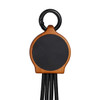 A bamboo charging device featuring black RPET cables and a circular wooden base with a hanging loop.