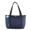 A navy blue expandable cooler bag with black straps and a front pocket, featuring a logo.
