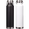 A drink bottle featuring a sleek black and white design, with a stainless steel base and a secure lid.