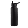 A drink bottle in matte black with a straw lid and a stainless steel finish. Features a logo on the body.