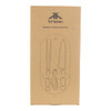 A bamboo and glass knife set in eco-friendly packaging, featuring a knife, fork, and a multi-tool. Includes branding.