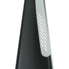 A black fan with a silver side accent, featuring a sleek, conical design. It includes a logo on the surface.