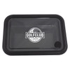 A reusable black container with a clear lid, featuring a logo. Ideal for lunch or snacks.