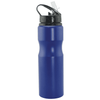A drink bottle in deep blue aluminium, featuring a black lid and a convenient spout, with a logo on the side.
