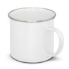 A white enamel mug with a metallic rim and a sturdy handle, featuring a logo or branding.