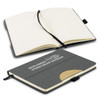 A grey notebook with a textured cover, featuring a logo, an elastic band, and lined pages inside.