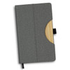 A grey notebook with a wooden accent and a pocket for cards, featuring a ribbon bookmark and a logo.