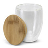 A drink cup with a clear glass body and a bamboo lid, designed for coffee or other beverages.