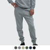 A person wearing grey unisex sweatpants with a relaxed fit, featuring an elastic waistband and cuffed ankles.