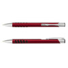 A red metal pen with black accents and a silver clip, featuring a logo on the body.