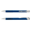 A blue metal pen featuring a sleek design with a silver clip and branded logo.