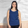 A woman models a navy blue sleeveless sports tank top, featuring a simple design and a smooth fabric texture.