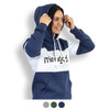 A unisex hoodie in navy blue, white, and grey, featuring a branded logo and a drawstring hood.