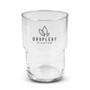 A clear glass tumbler featuring a logo, designed with a stackable shape, holds 460ml.