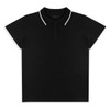A black women's polo shirt with a contrasting collar and a branded logo. Short sleeves and a classic fit design.