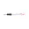 A plastic pen in white, featuring a black grip and accents in red and blue, with a logo displayed on the side.