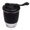 A reusable coffee cup with a transparent glass body and a black silicone sleeve and lid.