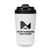 A reusable coffee cup in white with a black lid and branding on the front.