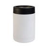 A drink bottle in white with a black lid, featuring a sleek, stainless steel design and a logo.