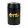 A drink bottle cooler in black with a logo displayed on the surface. It features a cylindrical design.