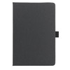 A black, hard cover notebook made from recycled leather with a ribbon closure. Features a logo on the cover.