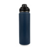 A drink bottle in dark navy blue stainless steel with a black lid and a logo on the side.