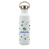 A drink bottle in white featuring a green logo and star pattern, topped with a wooden cap and metal handle.