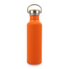 A drink bottle in bright orange with a stainless steel lid and a secure handle. It features a logo.