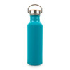 A drink bottle in bright turquoise with a stainless steel top and a wooden cap, featuring a logo.