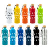 A drink bottle collection featuring various colors with bamboo lids and a logo. Available in white, yellow, orange, red, green, blue, navy, and silver.