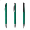 A set of green plastic pens with silver accents, featuring a sleek design and a clip for convenience.