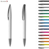 A set of plastic pens in various colours, featuring a sleek white design with chrome accents and a logo.