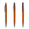 An orange plastic pen with a chrome clip, shown from multiple angles. It features a smooth, sleek design.