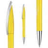 A yellow plastic pen with a silver clip and detailing, featuring branding on the barrel.