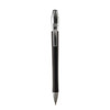 A metal pen in black with silver accents, featuring a clip and a sleek design. It includes branding elements.