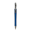 A blue metal pen with a silver clip and tip, featuring a logo near the clip.
