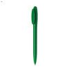 A green plastic pen with a click mechanism and branding on its side.