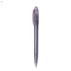 A transparent purple plastic pen with a rounded top and clip. It features a simple design and branding.