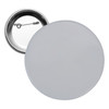 A round 44mm button badge in white with a silver backing and a clasp for pinning.