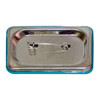 A rectangular button badge in silver with a blue edge and a safety pin attachment on the back.