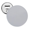 A silver bottle opener with a round white button badge front, featuring a metal backing for attachment.