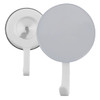 A round button badge in white, featuring a hook for attachment and a logo on the front.