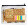 A transparent pouch containing a cork notebook, sticky notes in various colours, a pen, and a small envelope.