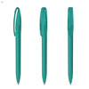A set of three plastic pens in transparent teal, featuring clip closures and smooth barrel designs.