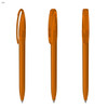 A set of orange plastic pens, featuring a transparent design and equipped with clips. Each pen has a silver tip.