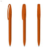Three orange plastic pens are displayed from different angles, featuring a clip and a smooth barrel design.