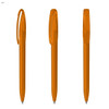 Three orange plastic pens with a clear design and a clip on top, showcasing different angles of the product.