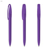 A set of three purple plastic pens with a clip and smooth design, featuring a logo on each pen.
